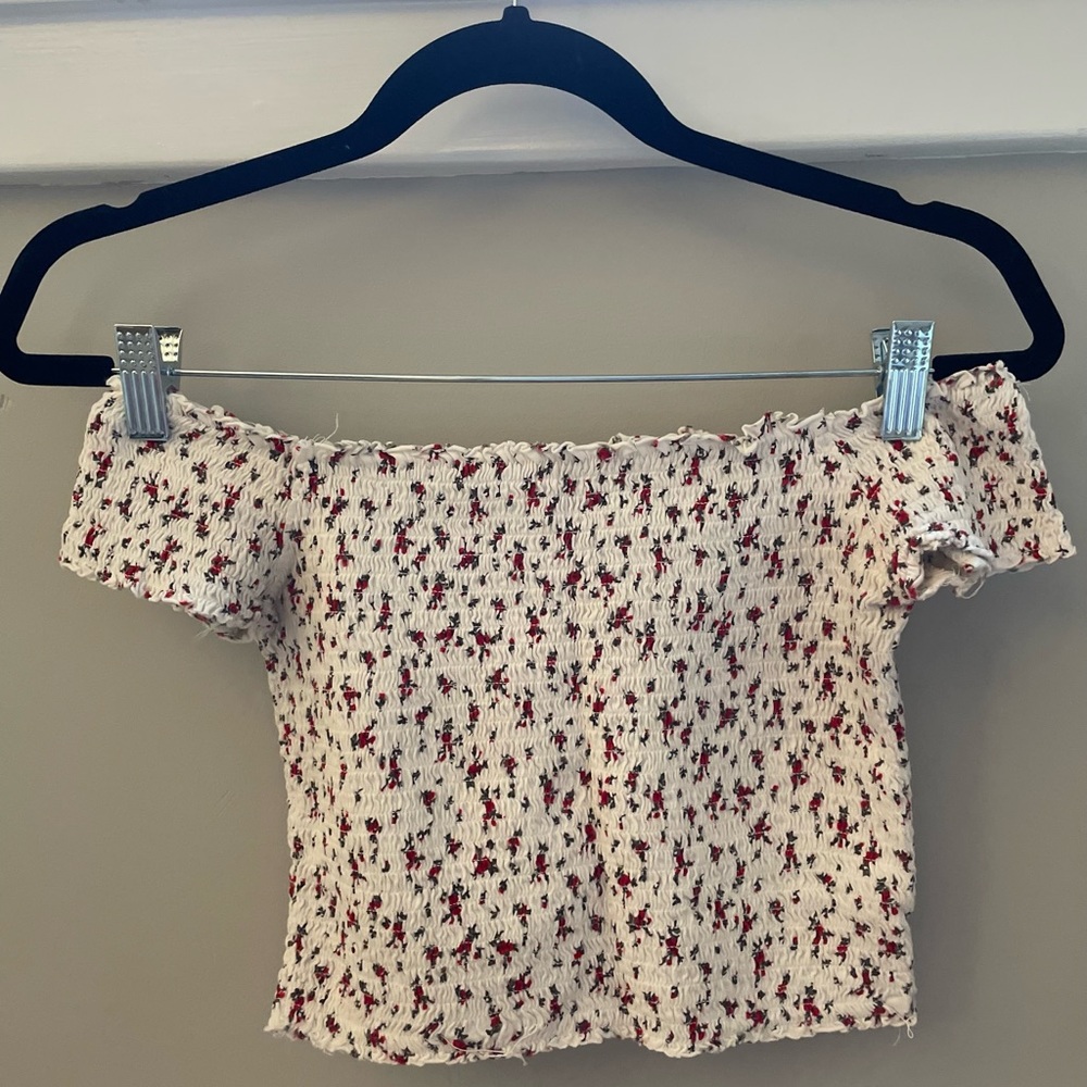 Red and white ditsy floral off the shoulder crop top